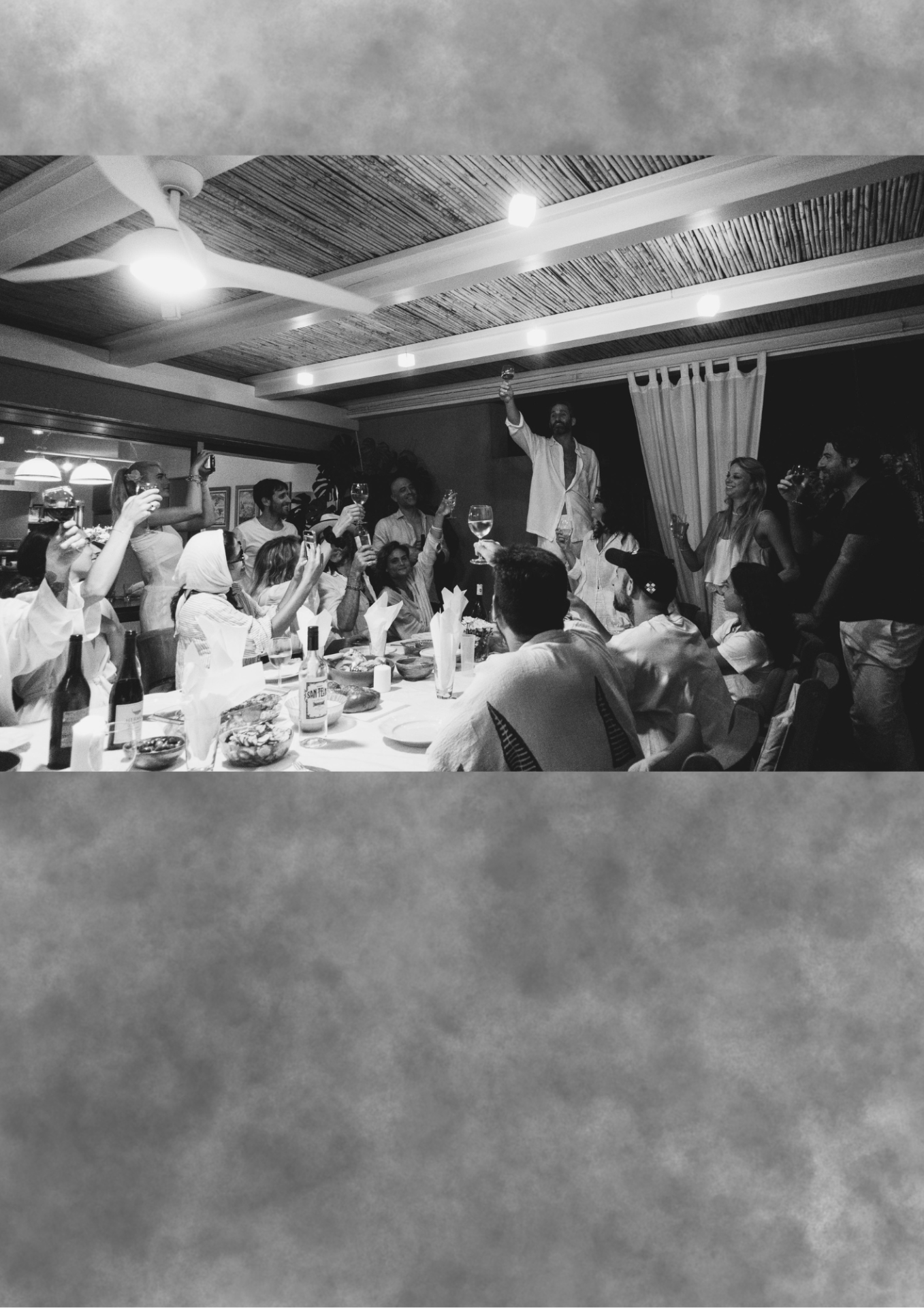 Monochrome dinner scene with guests toasting.